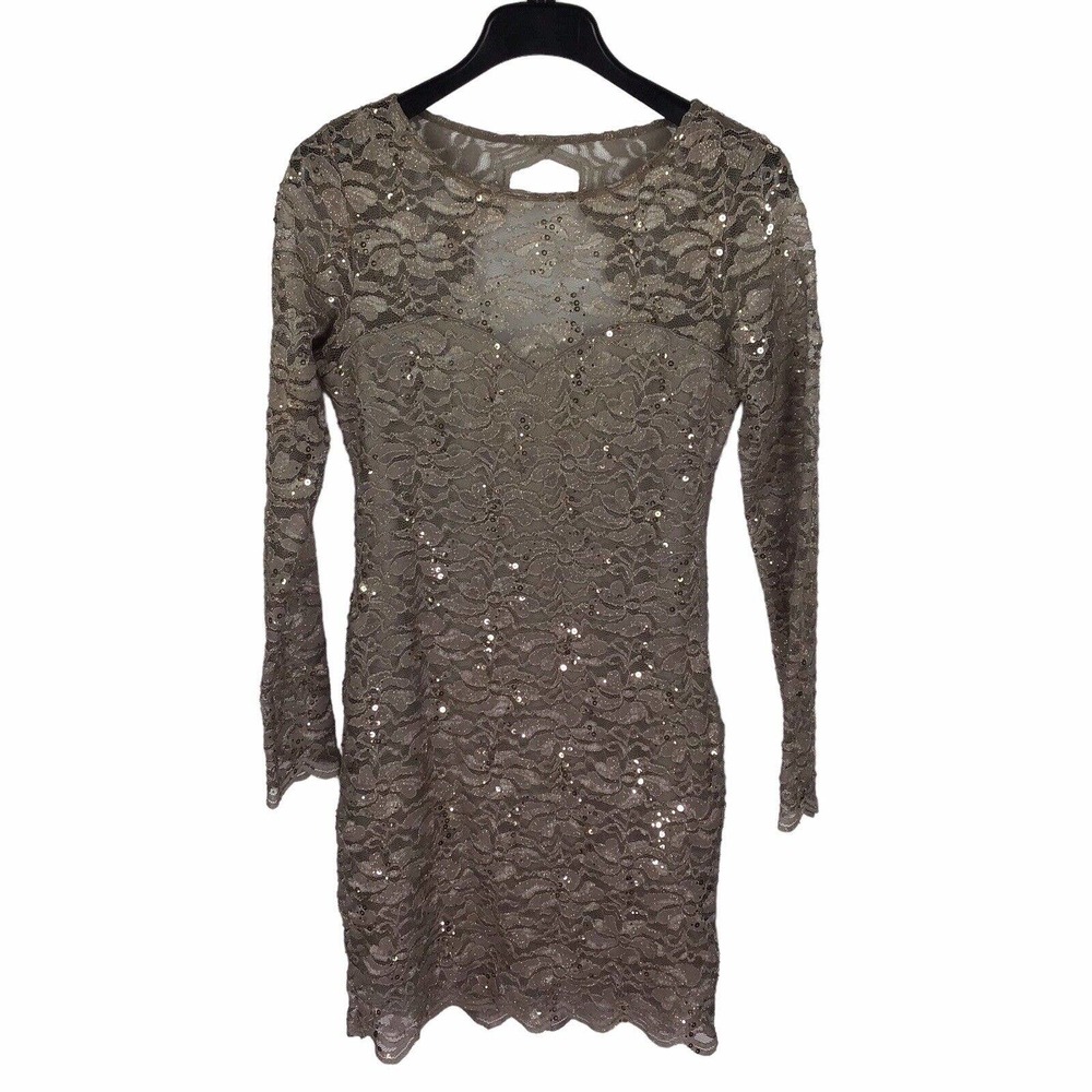JUMP APPAREL Beige Bodycon Sequin Lace Dress Long Sleeve Sz M by Wendye Chaitin
